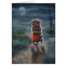 Halloween card Rat Pumpkin basket full moon fog