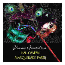 HALLOWEEN  DAMASK MASQUERADE PARTY Black blue Personalized Invites