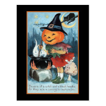 Halloween Greetings Vintage Pumpkin Witch Girl Post Cards