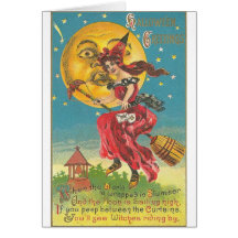 Halloween Greetings Woman On Broom Greeting Card