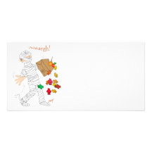 Halloween mummy  costume with candy bag. photo greeting card
