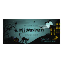 Halloween Party Black Cat Haunted House Blue Custom Invites