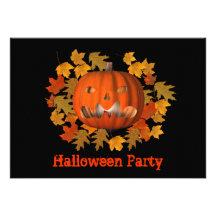 Halloween Party Invitation Jack O Lantern Leaves