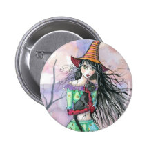 Halloween Witch Cat Button Pin