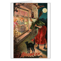 Halloween Witch, Cat Staring in Window Greeting Cards
