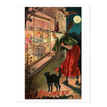 Halloween Witch, Cat Staring in Window Postcards