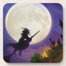 Halloween Witch Full Moon Beverage Coaster