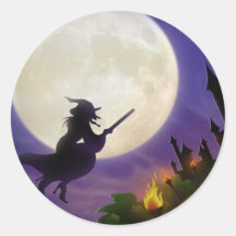 Halloween Witch Full Moon Round Sticker