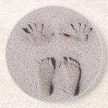 Hand and Feet prints in Florida beach sand Beverage Coaster