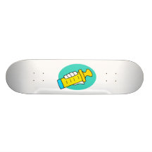 Hand holding abstract yellow baby bottle custom skate board