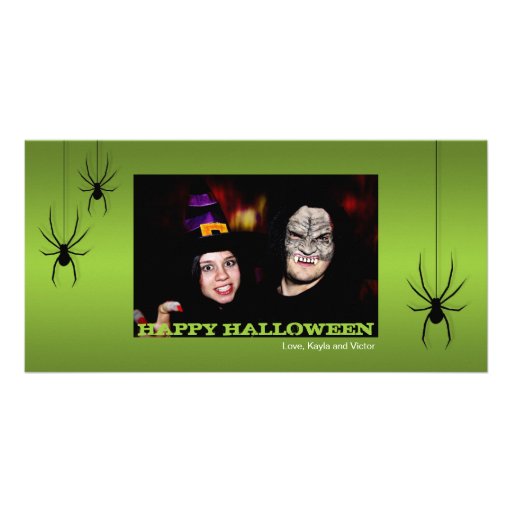 Hanging spiders black green Halloween greeting Personalized Photo Card