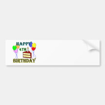 Happy 4th Birthday with Cake, Balloons and Candle Bumper Sticker