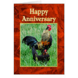 Happy Anniversary Rooster and Hen Red Feathers Card