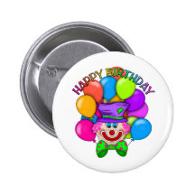 Happy Birthday Clown and Balloons Pinback Buttons