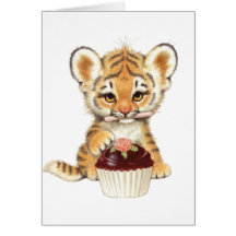 Happy Birthday - Cute Tiger with Cupcake Greeting Cards