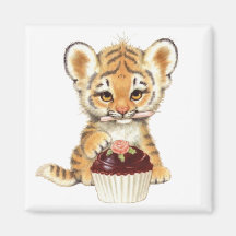 Happy Birthday - Cute Tiger with Cupcake Refrigerator Magnets