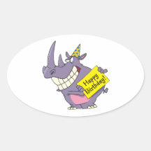 happy birthday party rhino cartoon oval sticker
