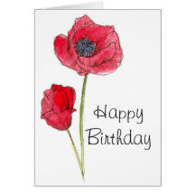 Happy Birthday Red Poppy Flower Botanical Art Greeting Cards