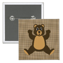 Happy Brown Bear Brown Plaid Button