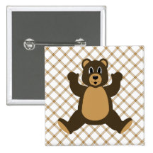 Happy Brown Bear Tan Plaid Button
