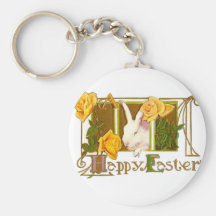 Happy Easter Bunny with Yellow Roses Key Chain