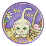 Happy Easter White Cat & Spring Chick Plate