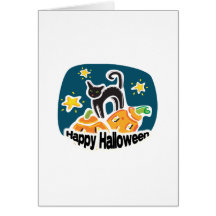Happy Halloween Cat and Pumpkins Greeting Card