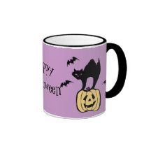 Happy Halloween Cat, Bats, and Pumpkin Mug