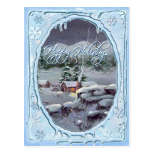 HAPPY HOLIDAYS LOG CABIN by SHARON SHARPE Postcard
