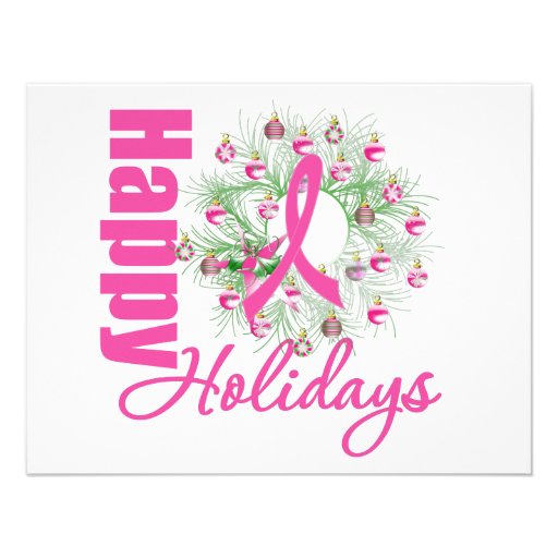 Happy Holidays Pink Ribbon Wreath Personalized Invitations