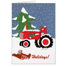 Happy Holidays Red Tractor Greeting Card