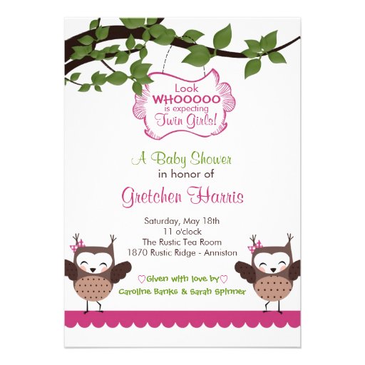 Happy Hoot Owl Twin Girl Baby Shower Invitations