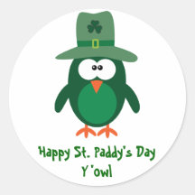 Happy St. Paddy's Day Y'owl Cute Green Owl Round Sticker