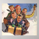 Happy Vintage Family Sledding on Christmas Day Poster