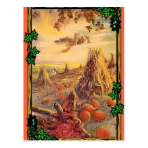 Harvest stooks and pumpkins postcard