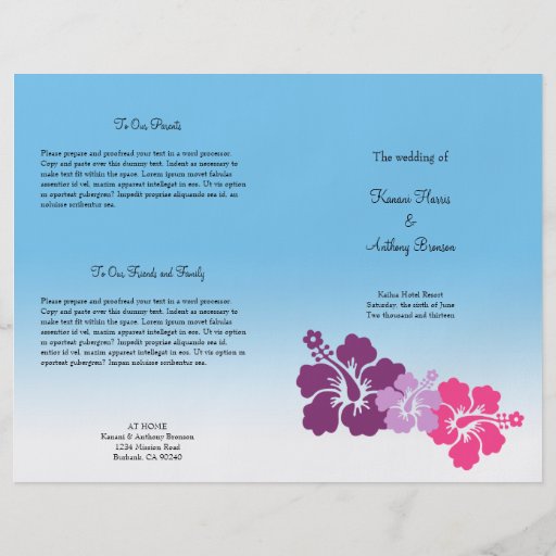 Hawaiian hibiscus flower purple wedding program flyer
