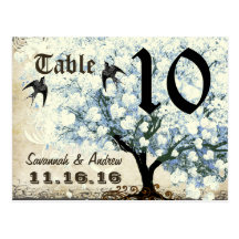 Heart Leaf Blue Tree Birds Table Number Card Postcards
