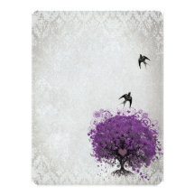 Heart Leaf Eggplant Tree Vintage Birds Wedding Personalized Invitation