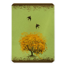 Heart Leaf Mustard Vintage Birds Wedding Invites