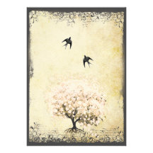 Heart Leaf Pink Tree Vintage Birds Wedding Invites
