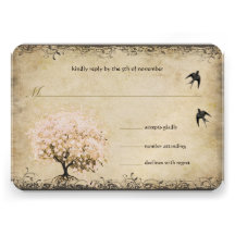 Heart Leaf Pink Tree Vintage Birds Wedding RSVP Custom Announcements