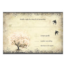 Heart Leaf Pink Tree Vintage Birds Wedding RSVP Custom Invite