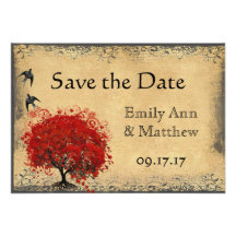 Heart Leaf Red Tree Vintage Bird Save the Date Personalized Invitations