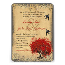 Heart Leaf Red Tree Vintage Birds Wedding Invites