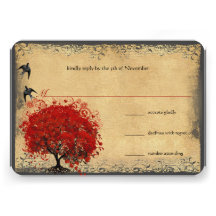 Heart Leaf Red Tree Vintage Birds Wedding RSVP Custom Invitation