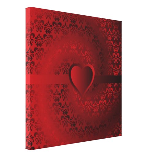 Heart on red damask stretched canvas print