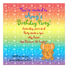 Hearts elephant on rainbow birthday invitation