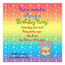 Hearts elephant on rainbow birthday invitation