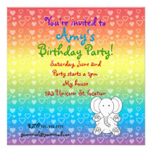 Hearts elephant on rainbow birthday invitation