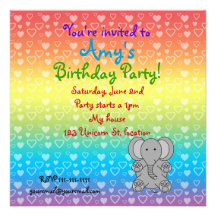 Hearts elephant on rainbow birthday invitation